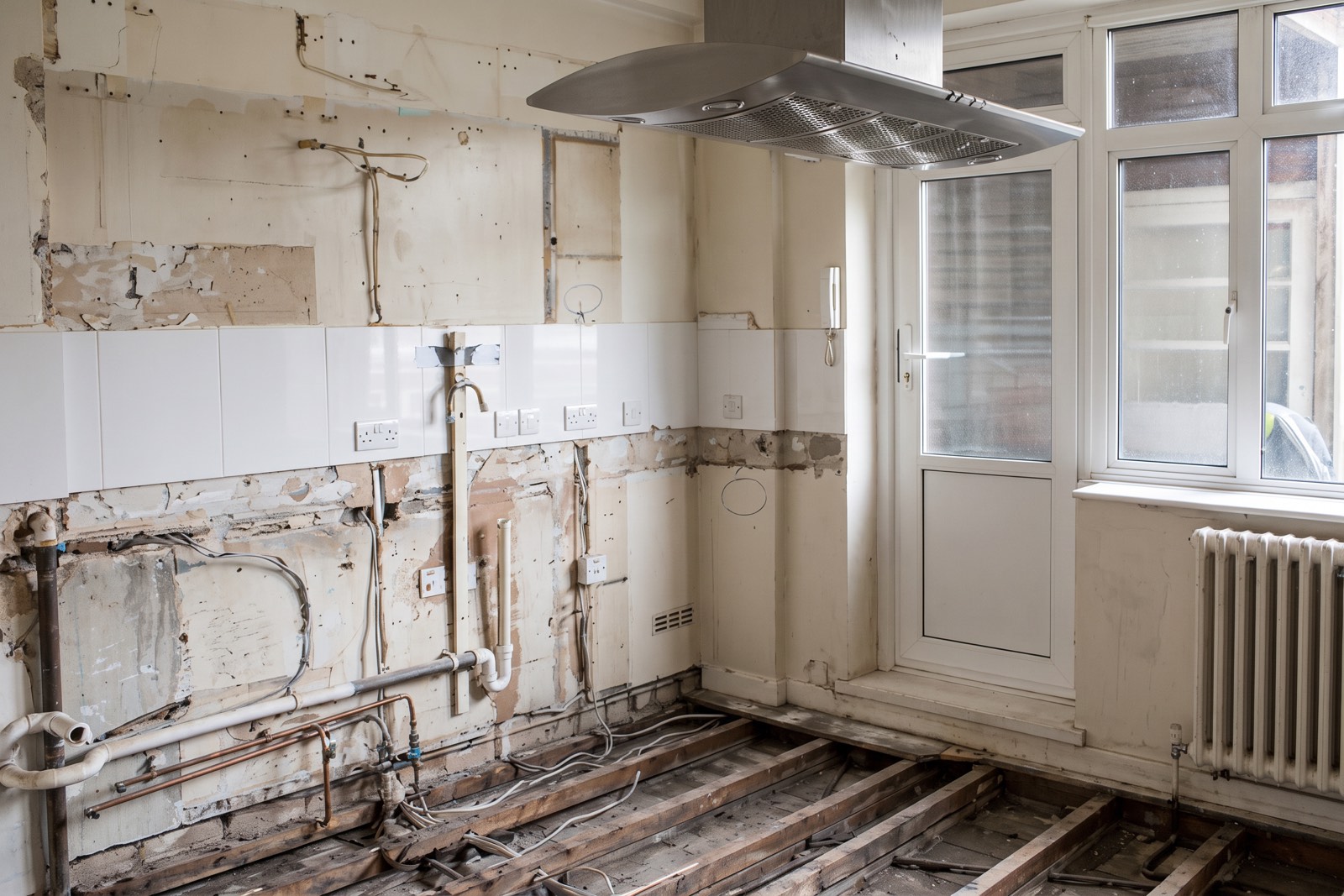 Kitchen stripped back to exposed floor joists, bare walls and pipework